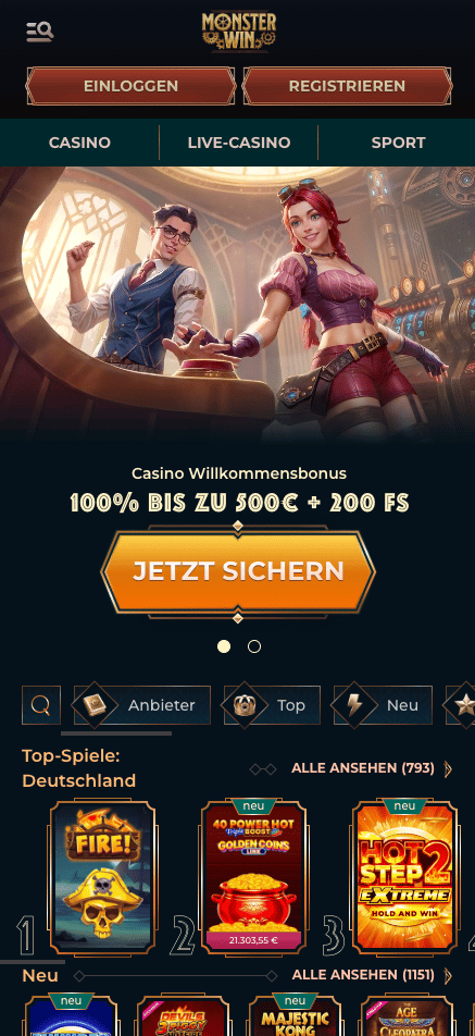Startseite im Monsterwin Casino zeigt Casinobereiche