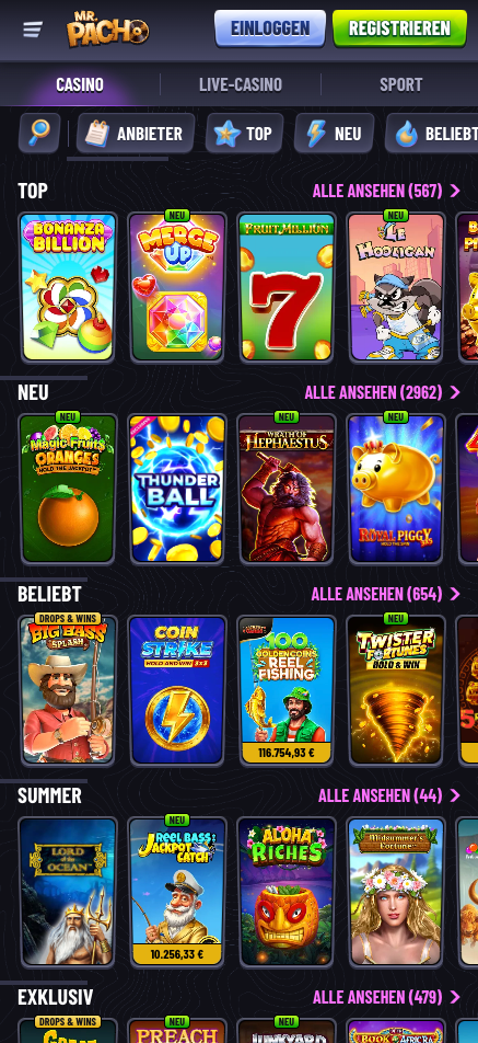 Mr Pacho Casino Spielauswahl
