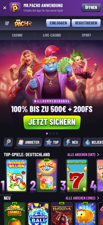 Startseite des Mr Pacho Casinos