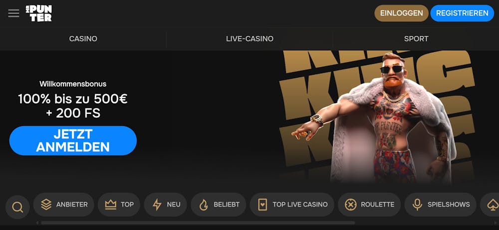 Die Homepage von Mr.Punter Casino mit einer Beschreibung pber den Willkommensbonus von 100 % bis zu 500 € + 200 Freispielen