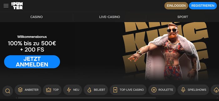 Die Homepage von Mr.Punter Casino mit einer Beschreibung pber den Willkommensbonus von 100 % bis zu 500 € + 200 Freispielen