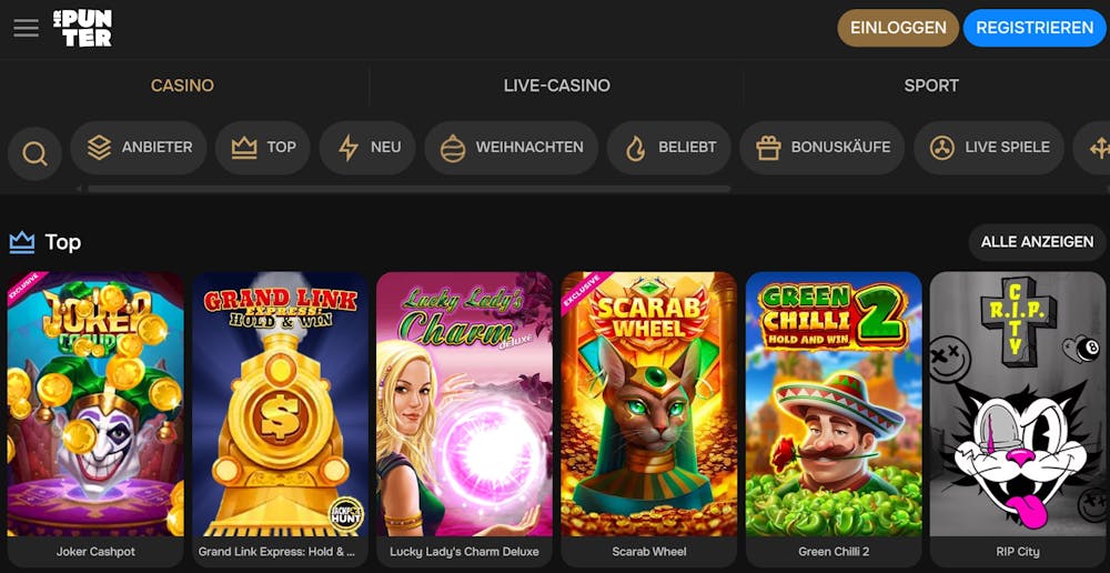 Eine Ansicht der verschiedenen Slots bei Mr. Punter Casino, mit Titeln wie 