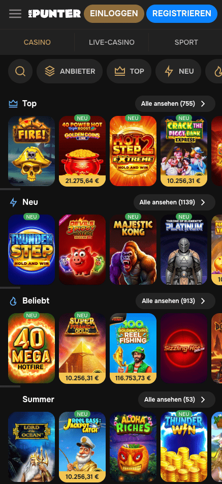 Spiellobby im Mr Punter Casino zeigt Spiele wie Fire! neben anderen Spielkategorien