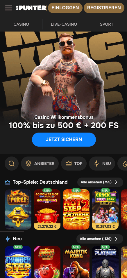 Startseite im Mr Punter Casino zeigt Willkommensbonus und top Spiele