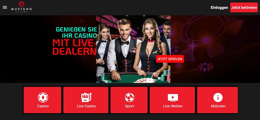 Startseite im Mustang Casino zeigt Live Casino Werbung neben anderen Casinobereichen