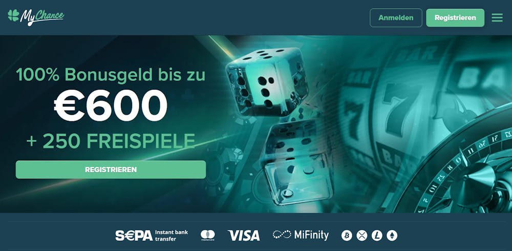 Startseite des MyChance Casinos mit Bonusbanner, Anmeldebutton, Menü und Zahlungsmethoden-Logos