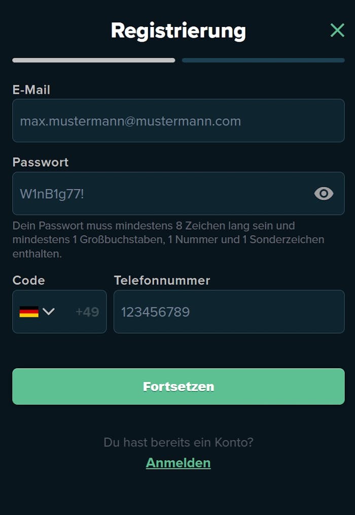 MyChance Casino Anmeldeformular
