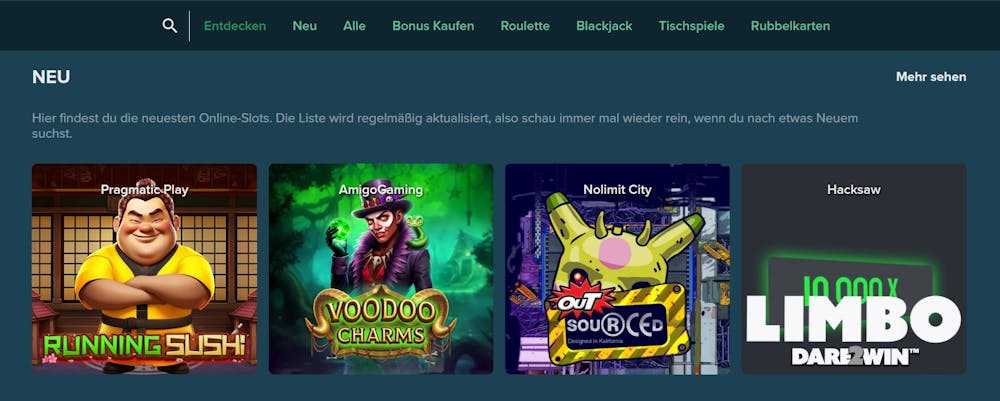 MyChance Casino Spiellobby mit Suchleiste, Kategorien und neuen Spielen