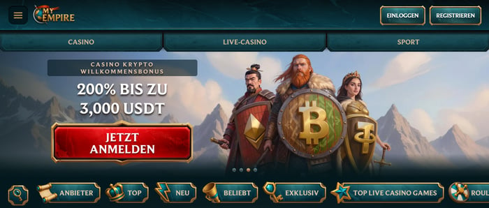 Startseite im MyEmpire Casino zeigt Krpyto Willkommensbonus und Spielkategorien