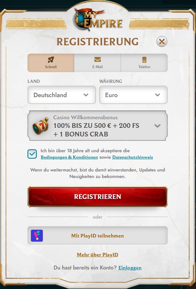 Anmeldeformular im MyEmpire Casino