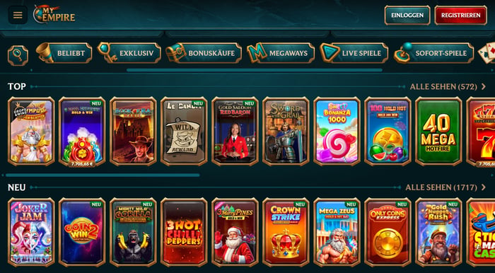 Spiellobby im MyEmpire Casino zeigt top Spiele wie Sweet Bonanza 1000 neben anderen Spielkategorien