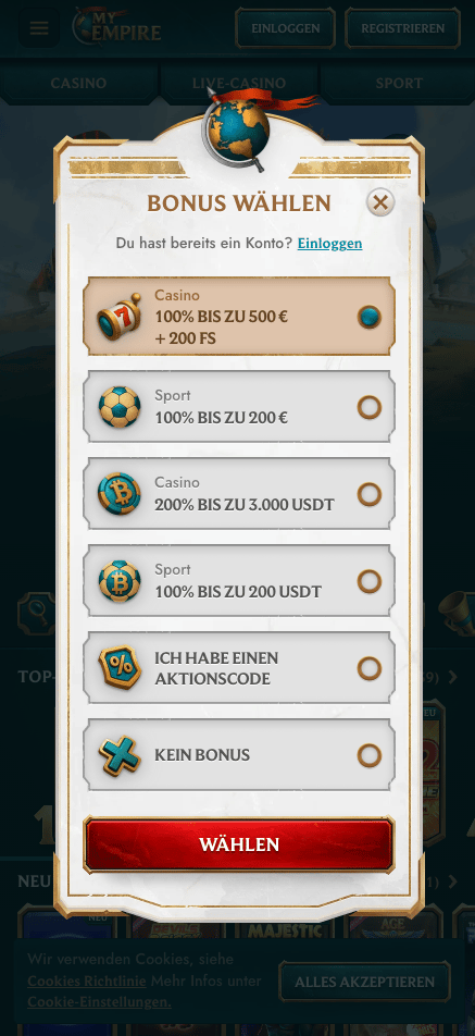 Anmeldeformular im MyEmpire Casino