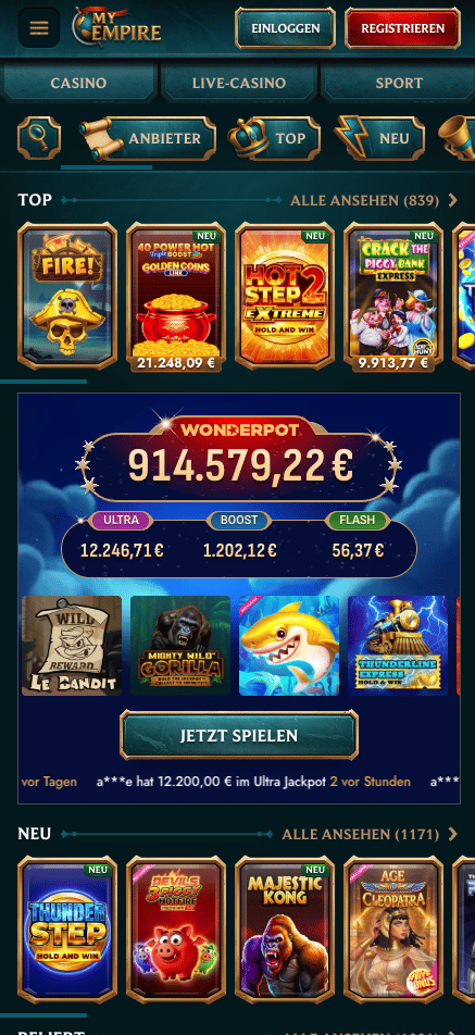 Spiellobby im MyEmpire Casino zeigt top Spiele wie Fire! neben anderen Spielkategorien