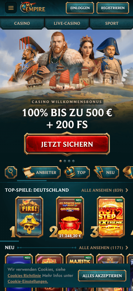 Startseite im MyEmpire Casino zeigt Willkommensbonus und Spielkategorien