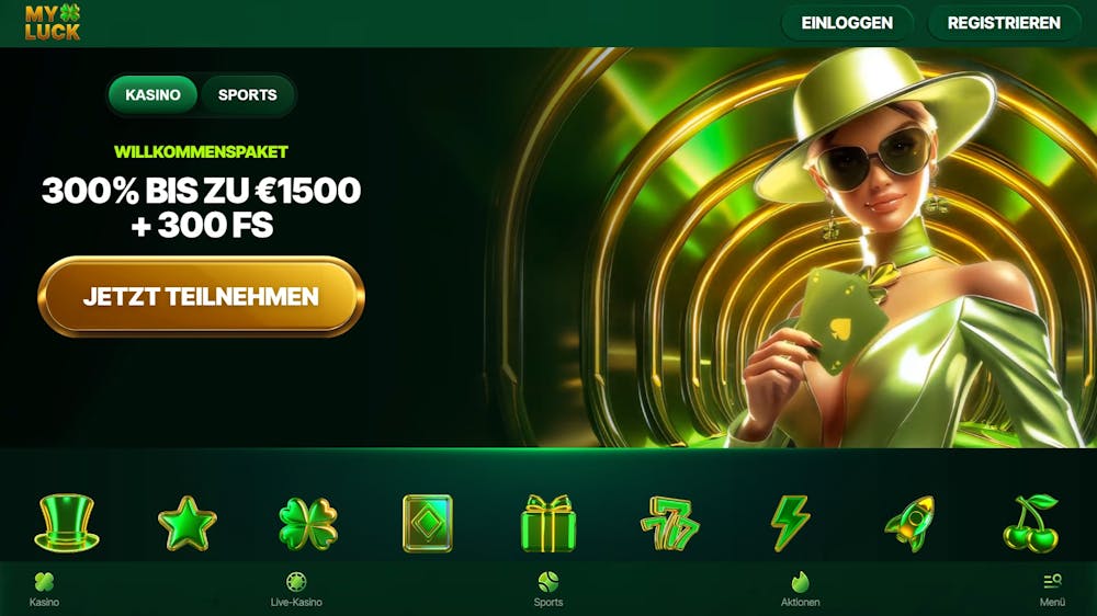 My Luck Casino Screenshot mit dem Willkommensbonus über 300 % bis 1.500 € und 300 Freispiele.