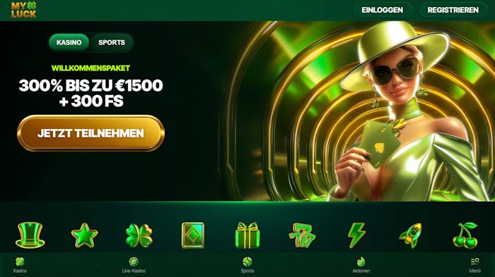 My Luck Casino Screenshot mit dem Willkommensbonus über 300 % bis 1.500 € und 300 Freispiele.