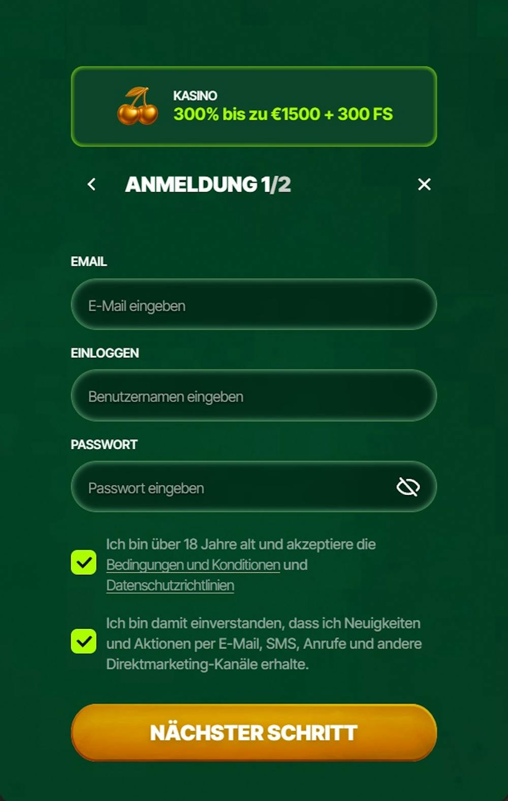 Screenshot vom MyLuck Casino mit der Anmeldemaske, in welche die persönlichen Daten zum Anmelden eingegeben werden,