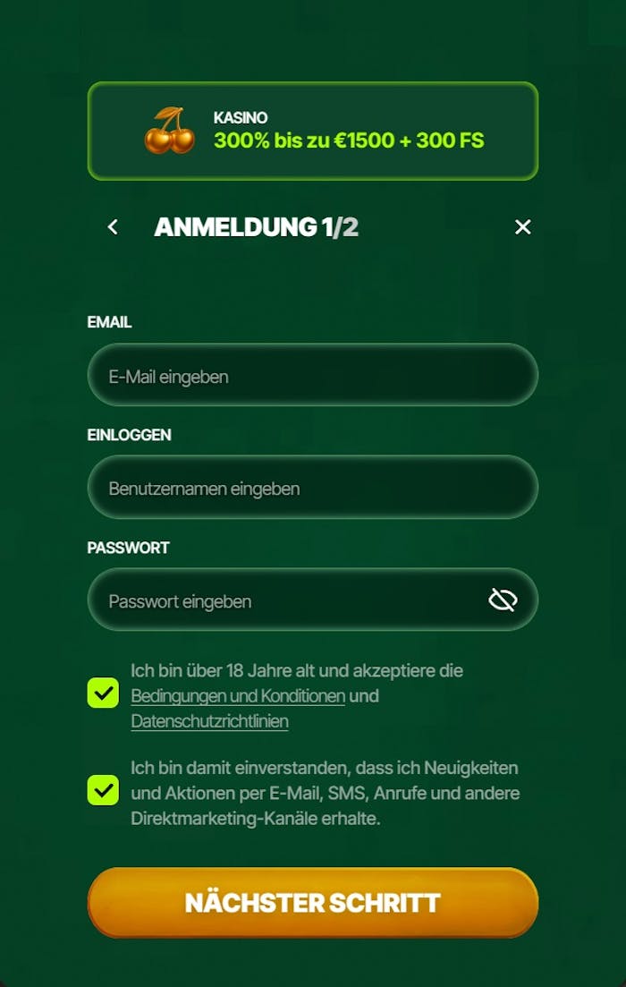 Screenshot vom MyLuck Casino mit der Anmeldemaske, in welche die persönlichen Daten zum Anmelden eingegeben werden,