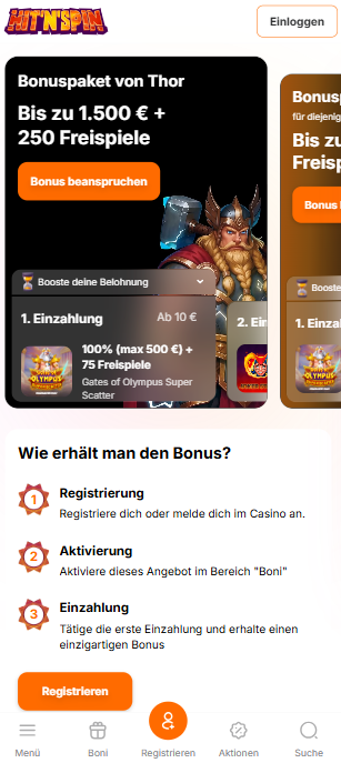 Hit n Spin Screenshot mit dem 10 € Einzahlungsbonus.