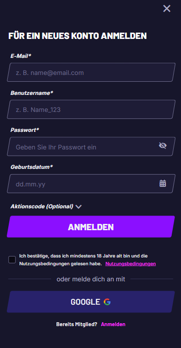 Anmeldeformular im Fast Slots Casino