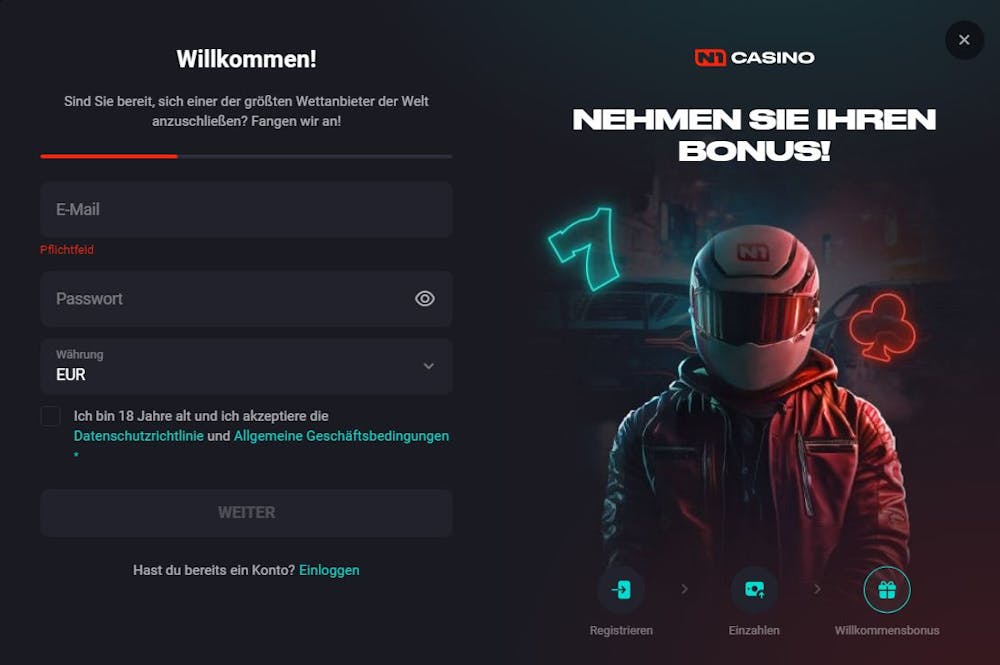 n1casino Registrierungsseite