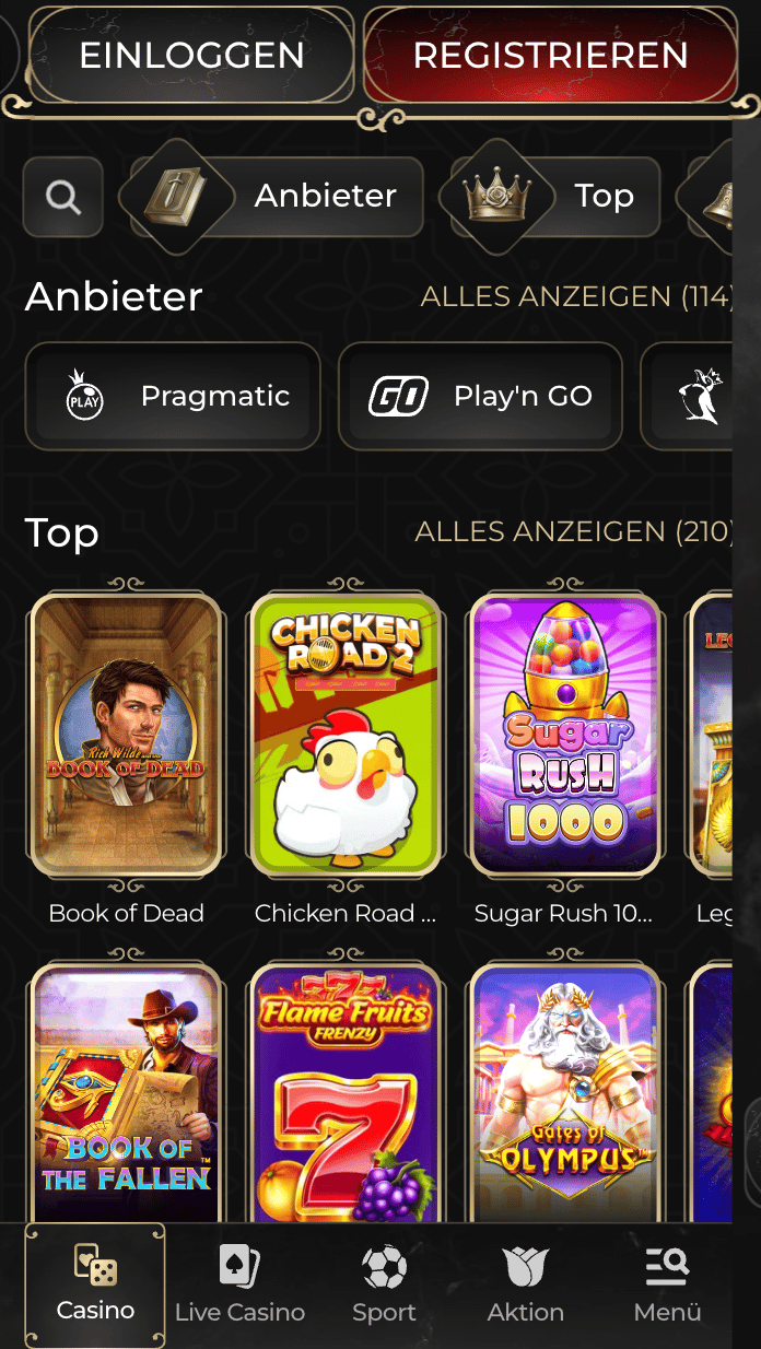 Casina Screenshot mit der Spieleseite und den Slots.