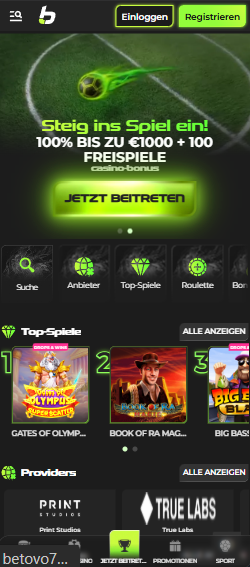 Startseite im Betovo Casino zeigt Willkommensbonus neben Anmeldebutton und Casinobereichen