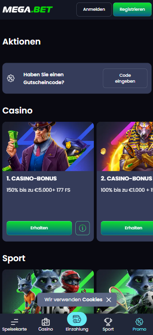 Megabet Screenshot mit dem 150 Prozent Bonus-