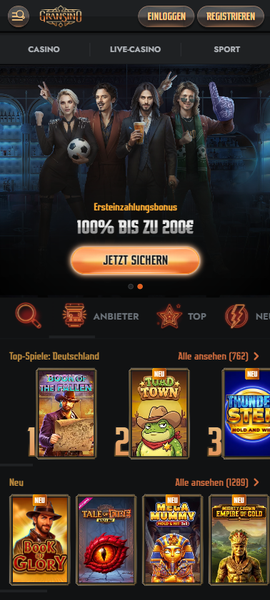 Die Homepage von Gransino Casino mit einer Beschreibung über den Willkommensbonus