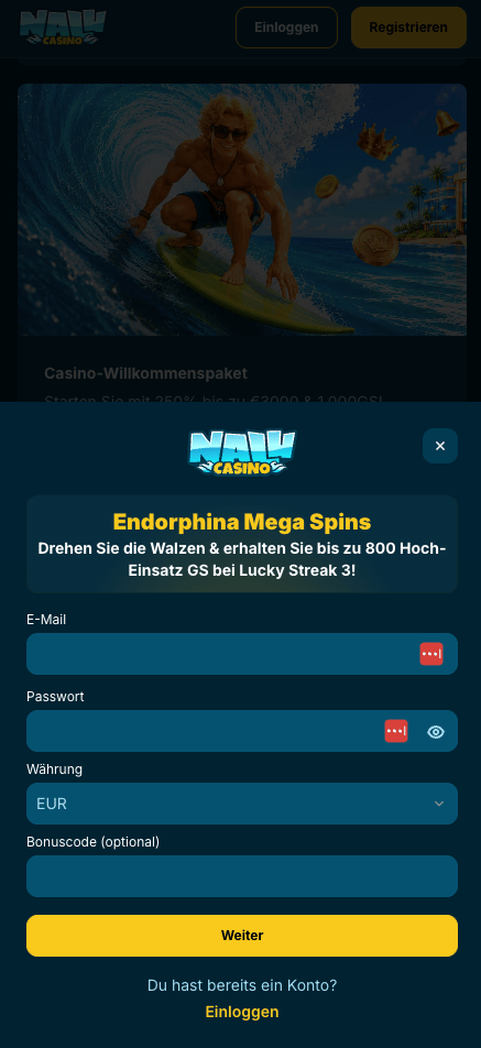 Anmeldeformular im Nalu Casino