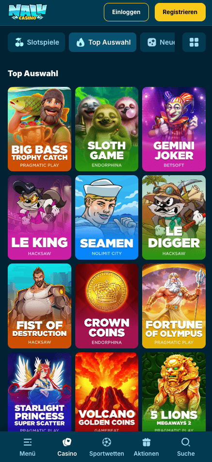 Spiellobby im Nalu Casino zeigt Spiele wie Gemini Joker neben anderen Spielkategorien