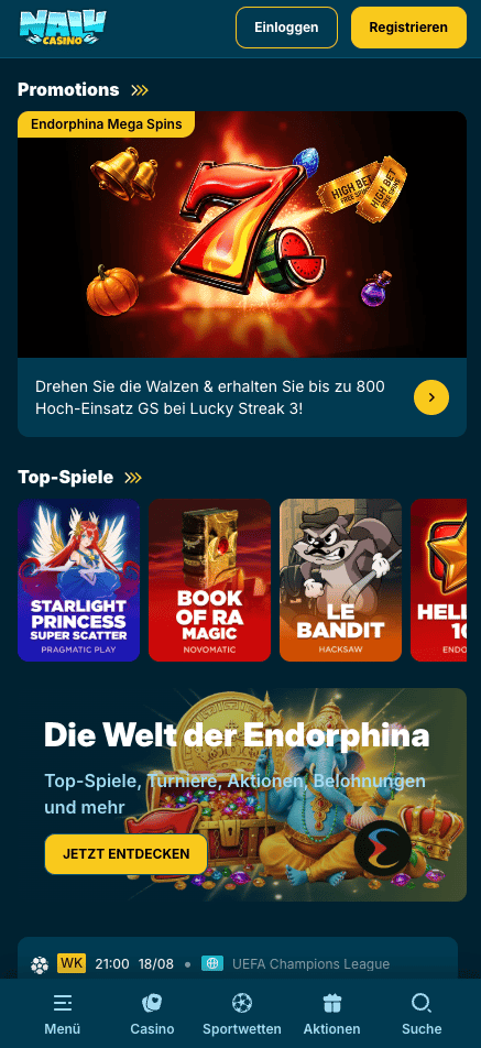 Startseite im Nalu Casino zeigt Promotionen und top Spiele