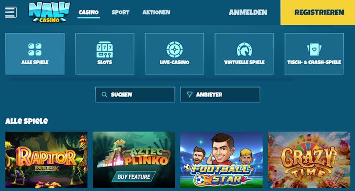 Spiellobby im Nalu Casino zeigt Spiele wie Aztec Plinko neben Filteroptionen und anderen Kategorien