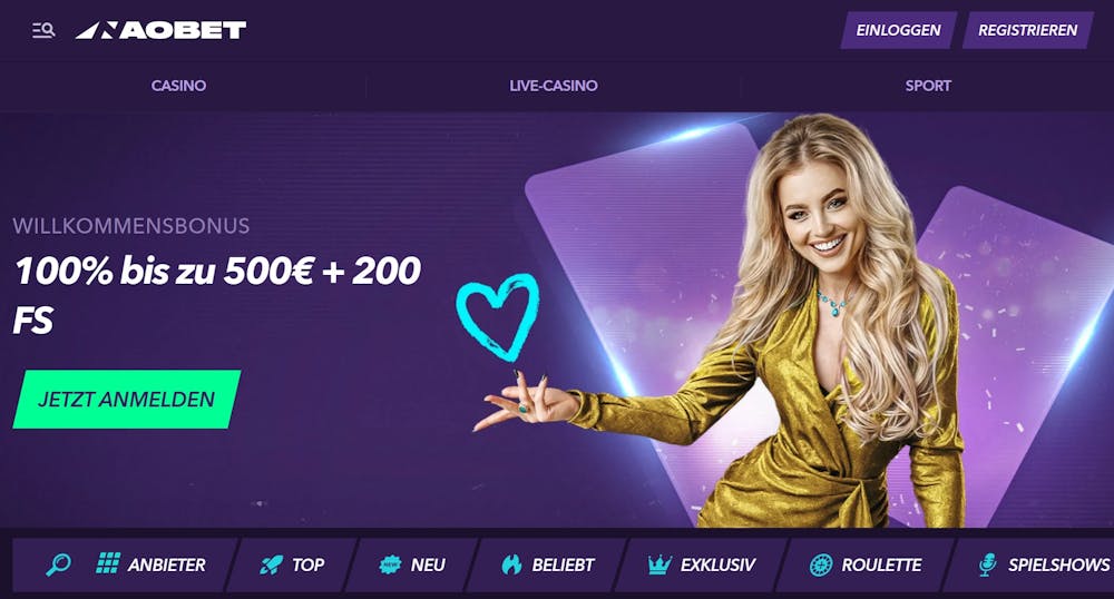 Die Startseite von Naobet Casino, mit einer Information über den Willkommensbonus von 100% bis zu 500 € + 200 Freispiele