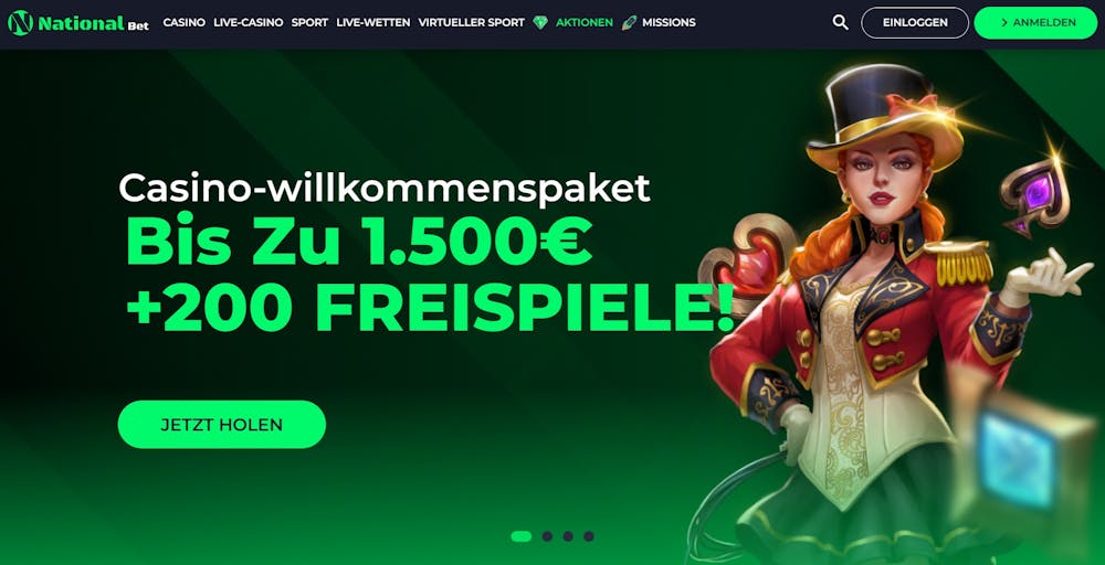 Die Homepage von National Bet Casino, im Hintergrund eine Beschreibung des Willkommensbonuspakets von bis zu 1.500 € und 200 Freispielen