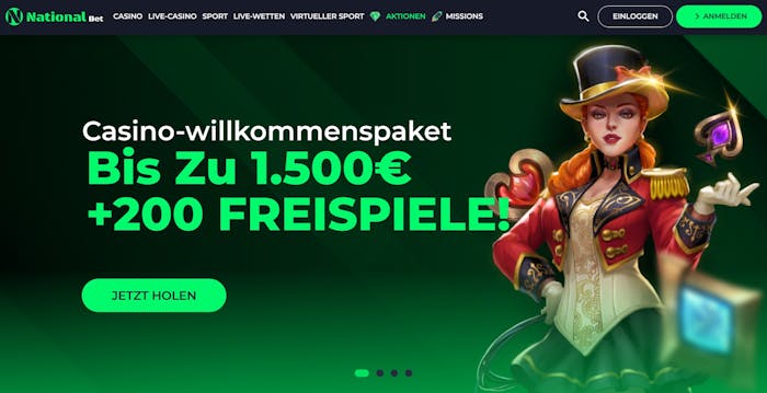 Die Homepage von National Bet Casino, im Hintergrund eine Beschreibung des Willkommensbonuspakets von bis zu 1.500 € und 200 Freispielen
