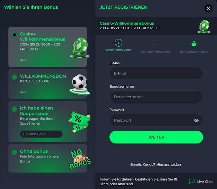 Das Anmeldeformular bei National Bet Casino