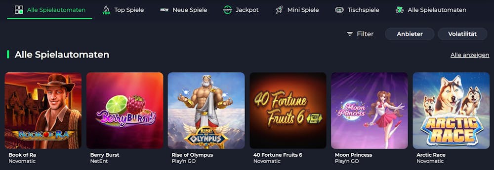 Eine Ansicht über verschiedene Slots bei National Bet Casino, mit Titeln wie Book of Ra und Moon Princess