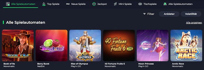 Eine Ansicht über verschiedene Slots bei National Bet Casino, mit Titeln wie Book of Ra und Moon Princess
