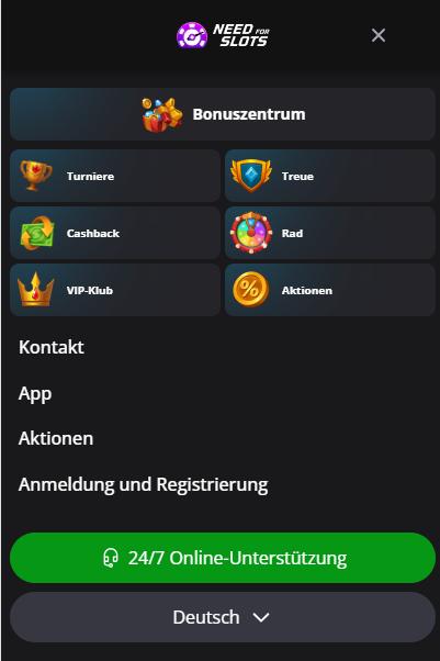Need for Slots Screenshot mit der Bonus Seite.