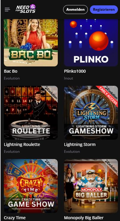 Need for Slots Screenshots mit der Spieleauswahl.