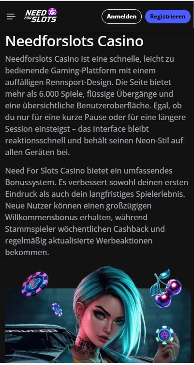 Need for Slots Screenshot mit der Startseite.