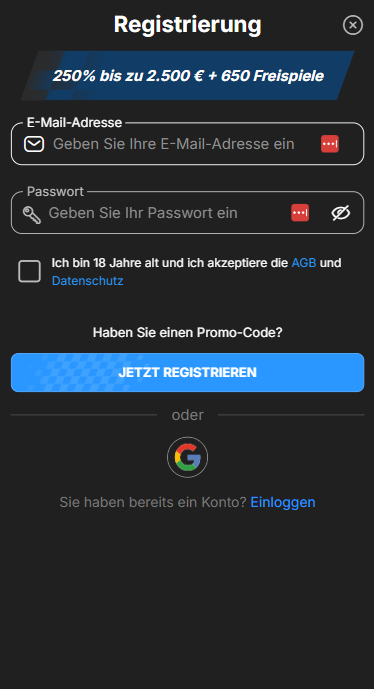 Anmeldeformular im Need for Spin Casino