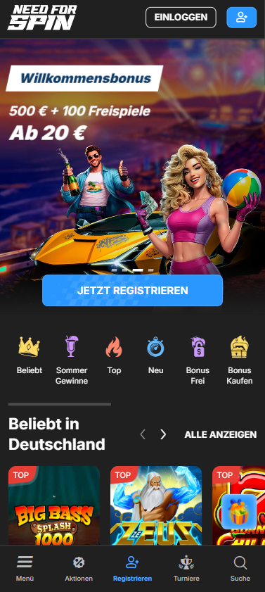 Startseite im Need for Spin Casino zeigt Willkommensbonus und beliebte Spiele