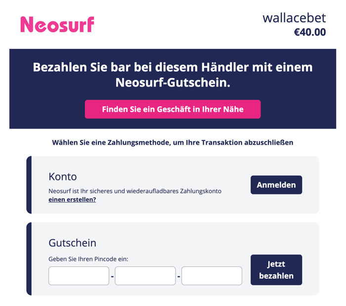 Eingabe des Gutscheincodes bei der Zahlung im Neosurf Online Casino