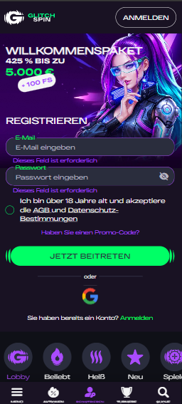 Startseite im Glitchspin Casino zeigt Willkommenspaket
