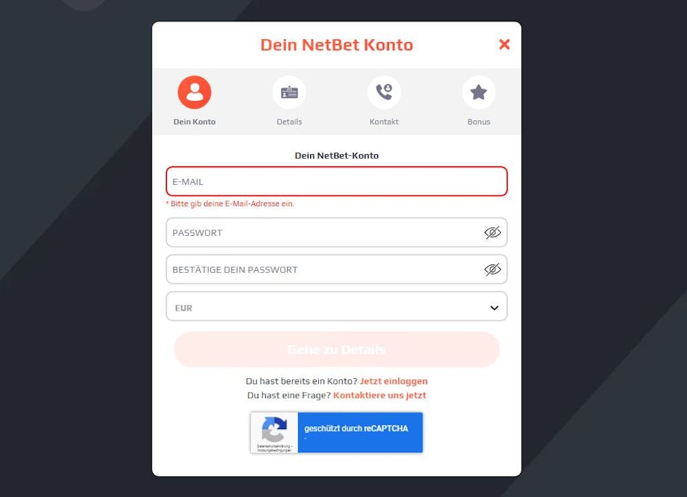 netbet Registrierungsseite