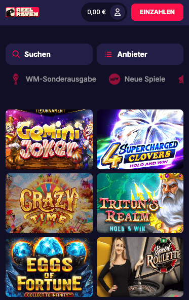 Casino Lobby im neuen Online Casino Reel Raven