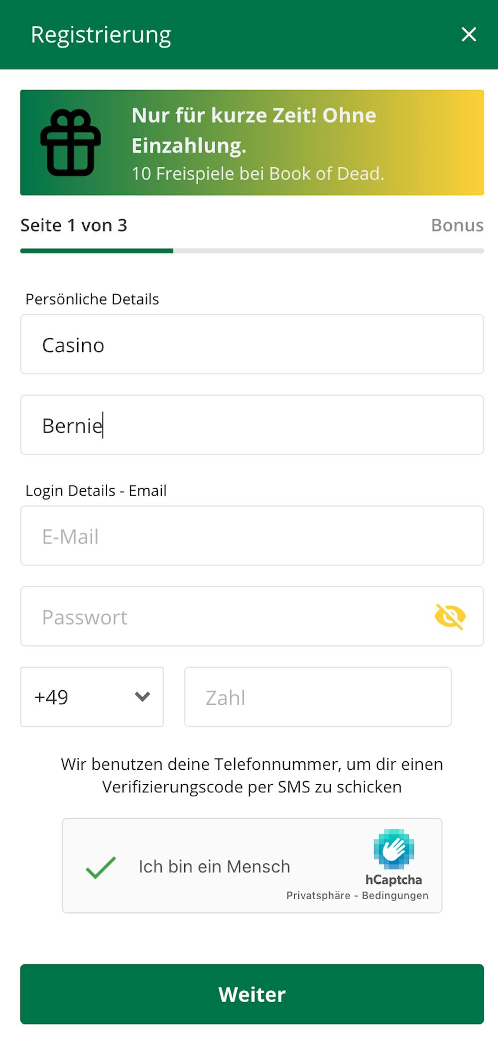 Registrierungsformular in einem neuen Casino online