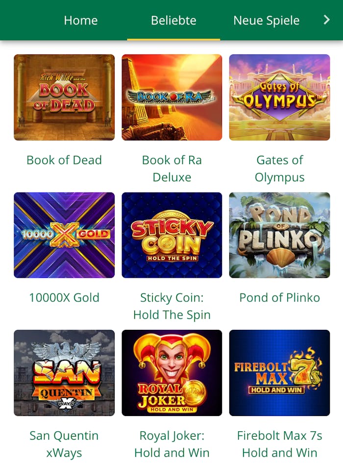 Beispielhafte Spiellobby im neuen Casino zeigt Spiele wie Book of Dead